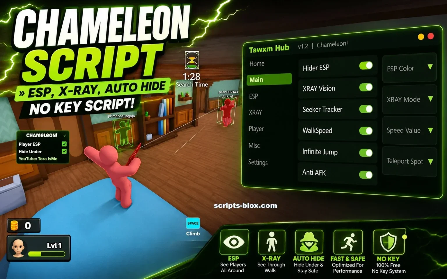 Chameleon Script Roblox » ESP, X-Ray, Auto Hide No Key Script